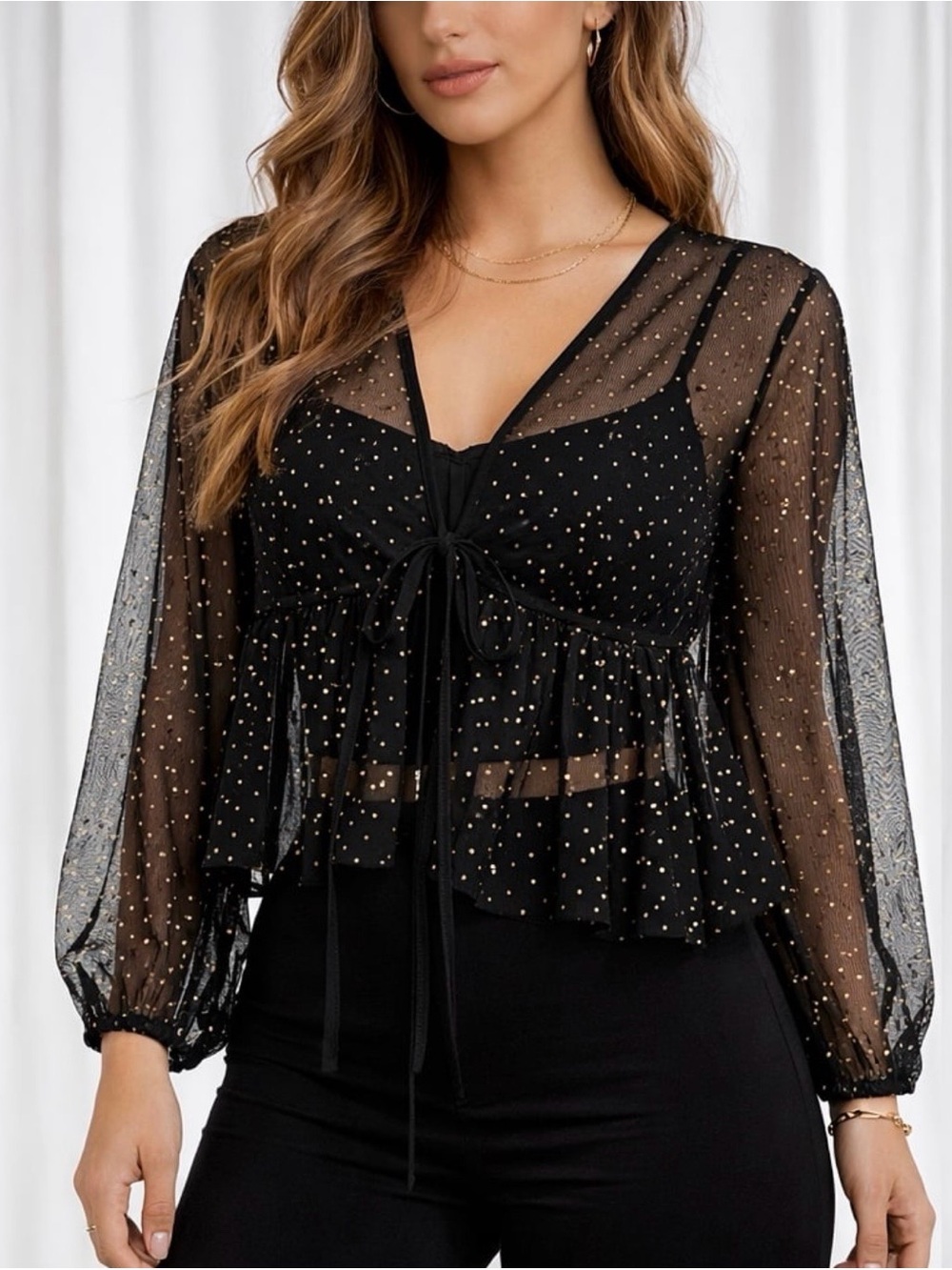 Hesperus Black Sheer Blouse Gold Dot Tie Front whimsigoth, fairy grudge babydoll